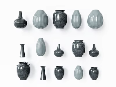 Assorted Ceramic Vessels in Various Shapes and Neutral Gray Tones for Home Decor 3d model