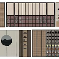 Various Wooden Display Shelves With Grid Design And Cabinet Doors For Decorative Items