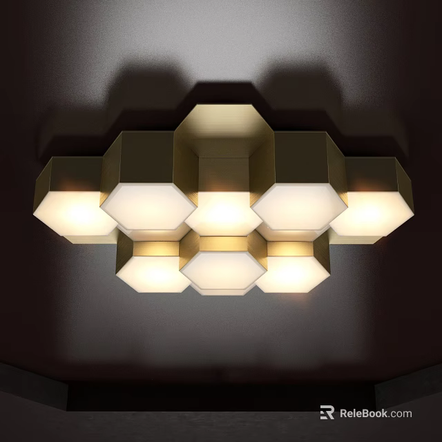 Modern Hexagonal Ceiling Light With Golden Frame And White Lampshades 3d model 