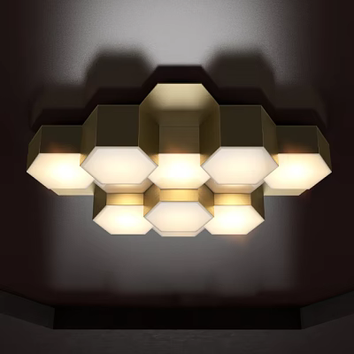Modern Hexagonal Ceiling Light With Golden Frame And White Lampshades 3d model