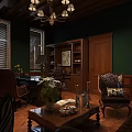 Meeting Room Interior With Dark Green Walls Wooden Ceiling Chandelier And Brown Leather Sofas