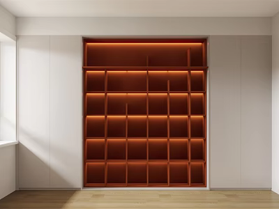 Modern Orange Bookcase with Multiple Shelves in White Wall Light Wood Floor Left Window Lighting 3d model