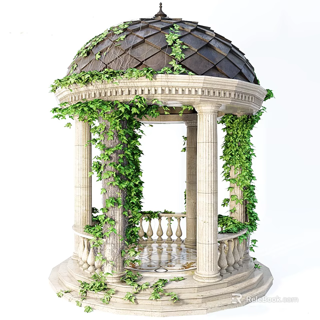 Ornate Garden Gazebo With Ivy Covered Dome Stone Columns Green Leaves Balustrade 3d model 