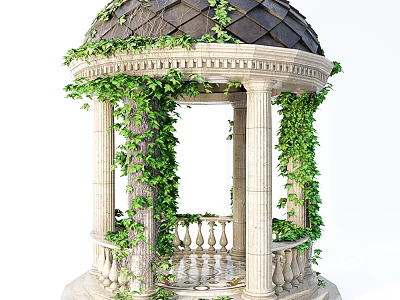 Ornate Garden Gazebo With Ivy Covered Dome Stone Columns Green Leaves Balustrade 3d model