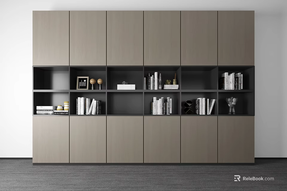 Modern Bookcase Interior Design With Open Shelves Closed Cabinets And Decorative Books 3d model 
