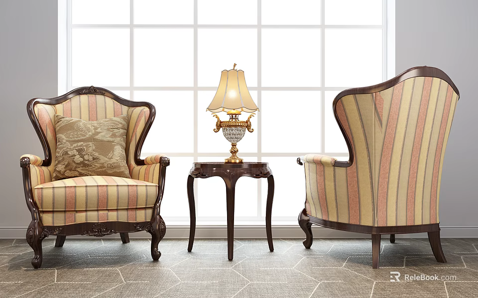 Casual Sofa Set For Living Room With Striped Upholstery Wooden Armrests Side Table And Lamp 3d model 
