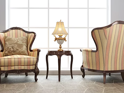 Casual Sofa Set For Living Room With Striped Upholstery Wooden Armrests Side Table And Lamp 3d model