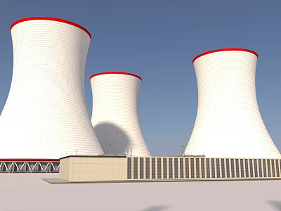 Industrial Plant Exterior Featuring Large White Cooling Towers with Red Tops and Blue Sky 3d model