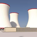 Industrial Plant Exterior Featuring Large White Cooling Towers with Red Tops and Blue Sky