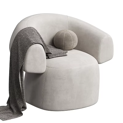 Curved Gray Upholstered Single Sofa with Soft Throw Blanket and Round Pillow 3d model
