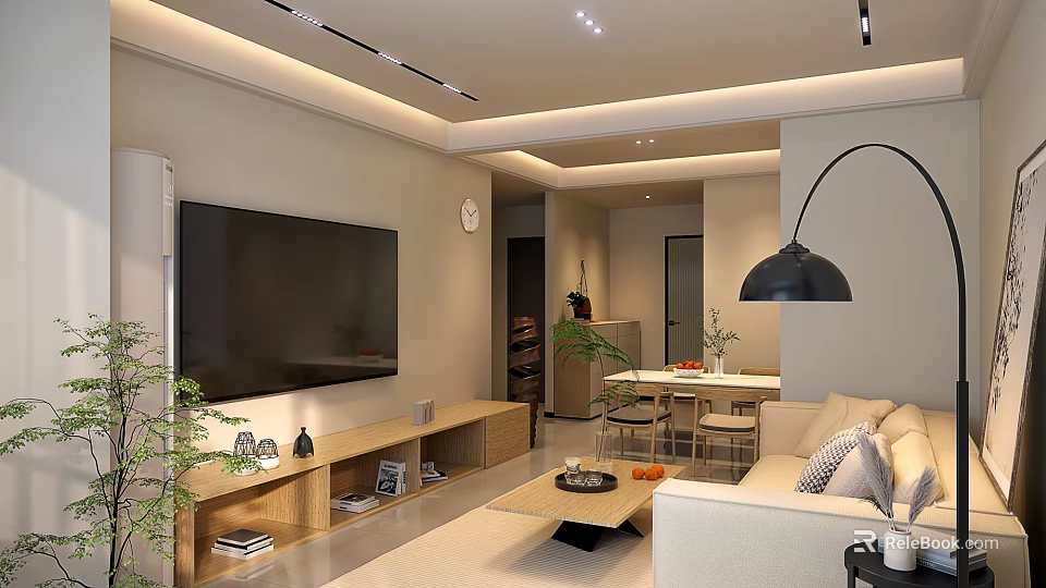 Modern Minimalist Open Living And Dining Room With Warm Ambient Lighting And Natural Wood Furniture 3d model 