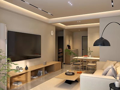 Modern Minimalist Open Living And Dining Room With Warm Ambient Lighting And Natural Wood Furniture 3d model