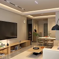 Modern Minimalist Open Living And Dining Room With Warm Ambient Lighting And Natural Wood Furniture