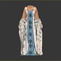 Woman Wearing Traditional Blue And White Dress With Floral Patterns And Wide Sleeves