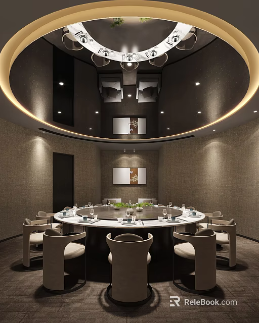 Elegant Modern Private Dining Room Interior With Round Table Lighting And Decorative Paintings 3d model 