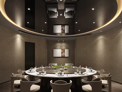 Elegant Modern Private Dining Room Interior With Round Table Lighting And Decorative Paintings 3d model