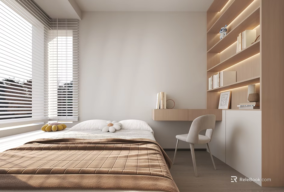 Modern Bedroom Interior Design With Comfortable Bed Wooden Desk And Built in Shelves 3d model 