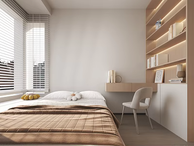Modern Bedroom Interior Design With Comfortable Bed Wooden Desk And Built in Shelves 3d model