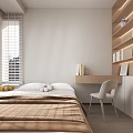 Modern Bedroom Interior Design With Comfortable Bed Wooden Desk And Built in Shelves