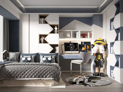 Tatami Bedroom Interior With Bed And Cartoon Patterned Pillows Desk Chair Geometric Wall Decor 3d model