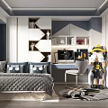 Tatami Bedroom Interior With Bed And Cartoon Patterned Pillows Desk Chair Geometric Wall Decor
