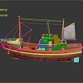 Brown Wooden Boat With Red Masts White Sail Deck Equipment And Green Components