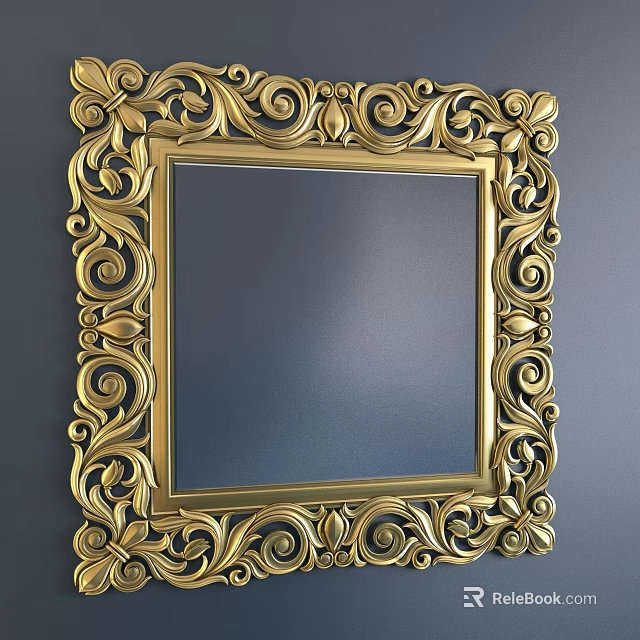 Ornate Golden Framed Square Mirror With Intricate Carvings On Blue Wall 3d model 