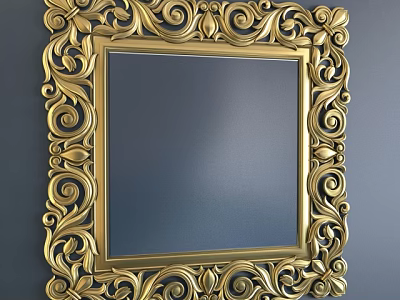 Ornate Golden Framed Square Mirror With Intricate Carvings On Blue Wall 3d model