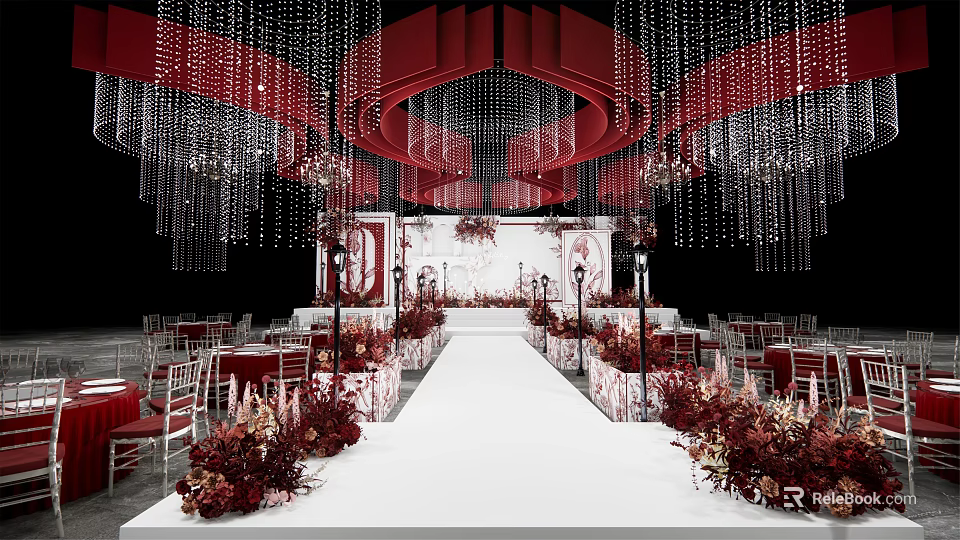 Elegant Wedding Banquet Hall Interior With Crystal Chandeliers Red Decor White Aisle And Flower Arrangements 3d model 