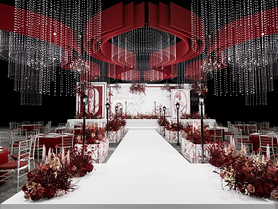 Elegant Wedding Banquet Hall Interior With Crystal Chandeliers Red Decor White Aisle And Flower Arrangements 3d model