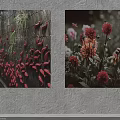 Plant Paintings Featuring Red Chili Peppers Green Plants Red Pink Flowers Hanging on Gray Wall
