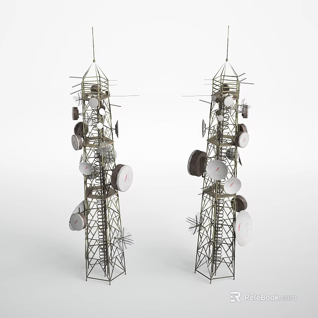 Twin Industrial Telecommunication Towers Equipped with Multiple Antennas and Disc Shaped Devices Metal Lattice Structures 3d model 