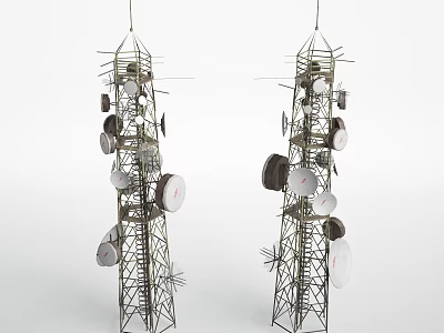 Twin Industrial Telecommunication Towers Equipped with Multiple Antennas and Disc Shaped Devices Metal Lattice Structures 3d model