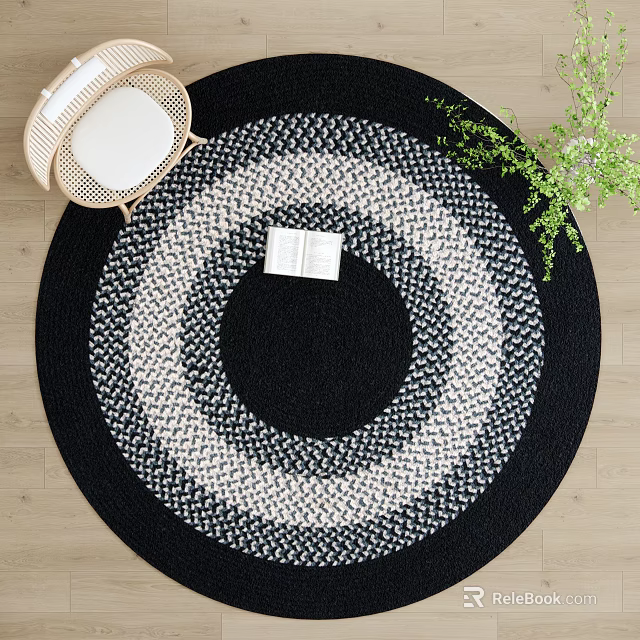 Black And White Woven Round Area Rug With Concentric Circles Rattan Chair And Green Plant 3d model 