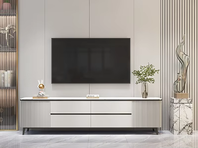 Modern TV Stand With TV Decorative Plants And Drawers In Minimalist Living Space 3d model