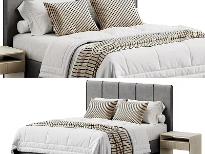 Modern Bedroom Interior With Gray Headboard White Comforter Striped Pillows And Nightstand 3d model