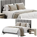 Modern Bedroom Interior With Gray Headboard White Comforter Striped Pillows And Nightstand