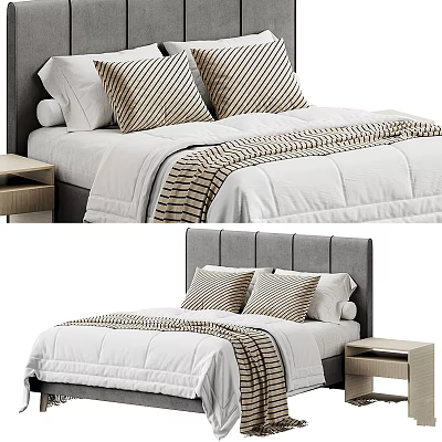 Modern Bedroom Interior With Gray Headboard White Comforter Striped Pillows And Nightstand 3d model