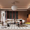 Modern Living Room Interior With Beige Sofa Black Coffee Table Wooden Wine Cabinet And White Pendant Light