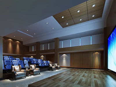 School Auditorium Interior With Blue Seats Wooden Ceiling Floor And Large Screen 3d model
