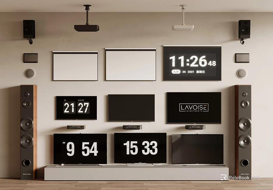 Multiple TV Screens with Digital Number Displays LAXONE Brand and Speakers Wall Setup 3d model 