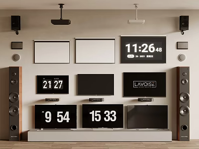 Multiple TV Screens with Digital Number Displays LAXONE Brand and Speakers Wall Setup 3d model