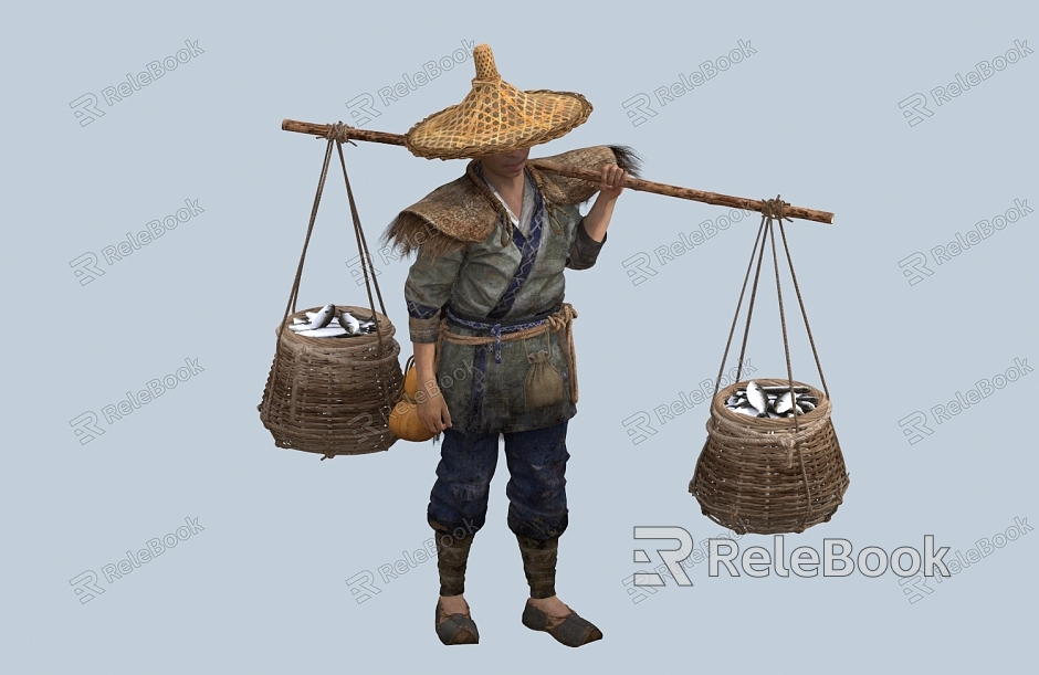 chinese man minority figure bamboo hat gourd fish basket male coir raincoat fisherman farmer fish model