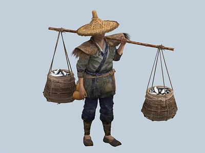 chinese man minority figure bamboo hat gourd fish basket male coir raincoat fisherman farmer fish 3d model