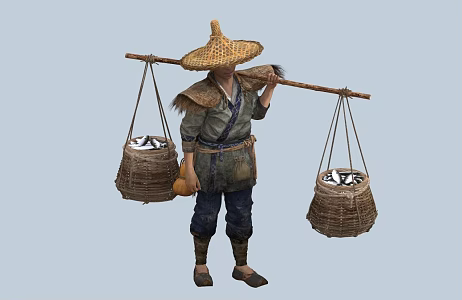 chinese man minority figure bamboo hat gourd fish basket male coir raincoat fisherman farmer fish 3d model