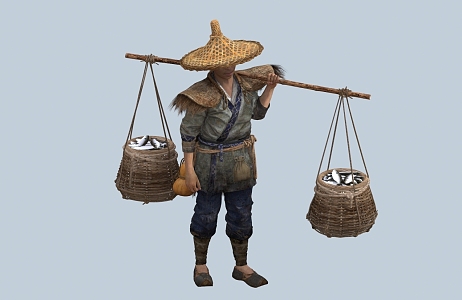 chinese man minority figure bamboo hat gourd fish basket male coir raincoat fisherman farmer fish 3d model