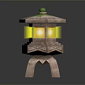 Traditional Stone Lantern With Green Grass Top And Yellow Illuminated Interior