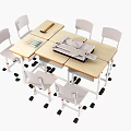 Modular Light Wood Table Set With White Rolling Office Chairs 3d model