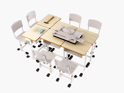 Modular Light Wood Table Set With White Rolling Office Chairs 3d model