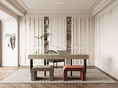 Elegant Study Room Interior Featuring White Walls Wooden Paneling Bookshelves Desk Gray And Red Stools 3d model